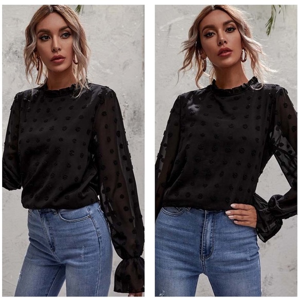 Son Paises Tops - Black Swiss Dot Long Sleeve Top Size Medium NWT